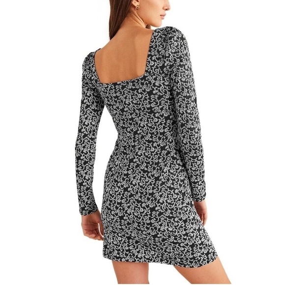 Boden Black White Floral Sweetheart Jersey Mini Dress Long Sleeve - Size 10 - Picture 2 of 8